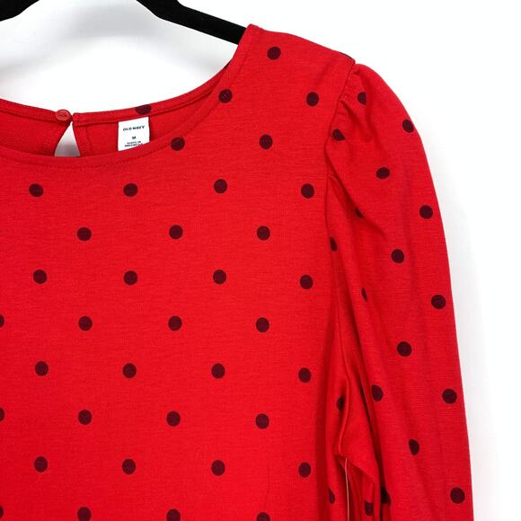 SOLD Old Navy Shift Dress Womens Size Medium Red Black Polka Dots Long Sleeve - Picture 4 of 8